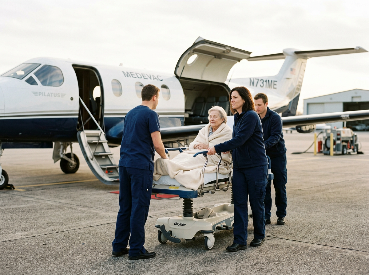 Équipe médicale SOLIA MC accompagnant un patient vers un avion sanitaire